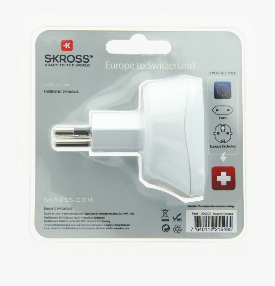Europe To Switzerland Skross - Adaptor Europe To Swiss, Transparent Clipart
