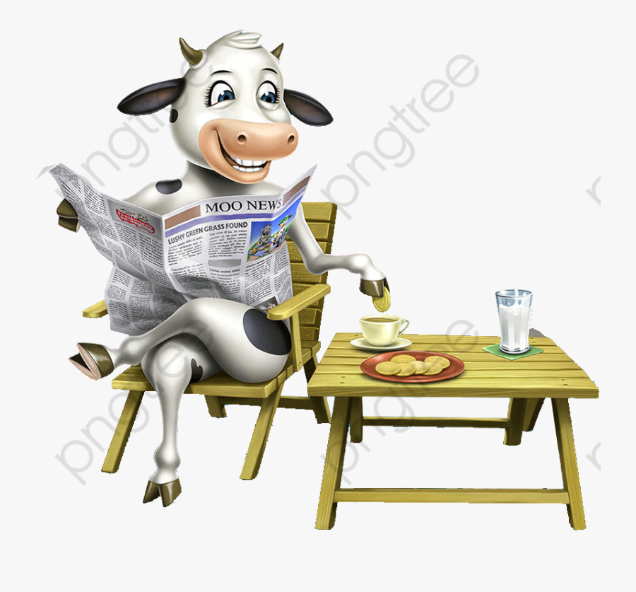 See Creative Newspaper Dairy - Cow Cartoon Sitting On Chair, Transparent Clipart