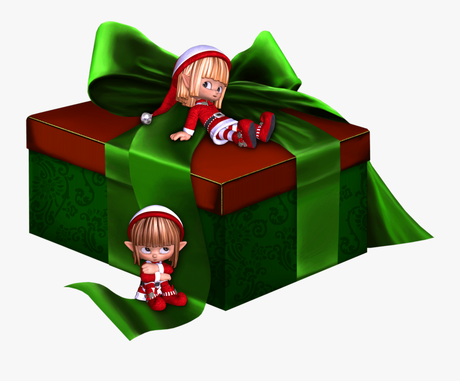 Green And Red 3d Present With Elfs Clipart - عکس جعبه کادو, Transparent Clipart