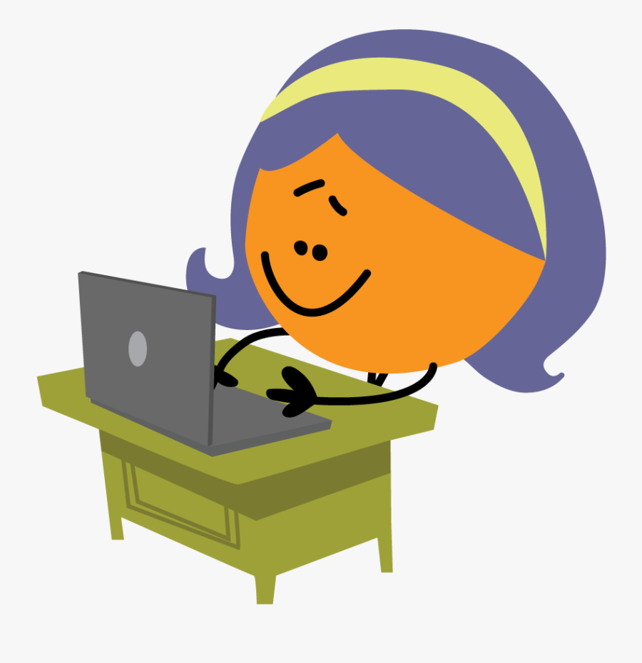 Female Cartoon Working On A Laptop At A Desk - Cartoon Working On Laptop, Transparent Clipart