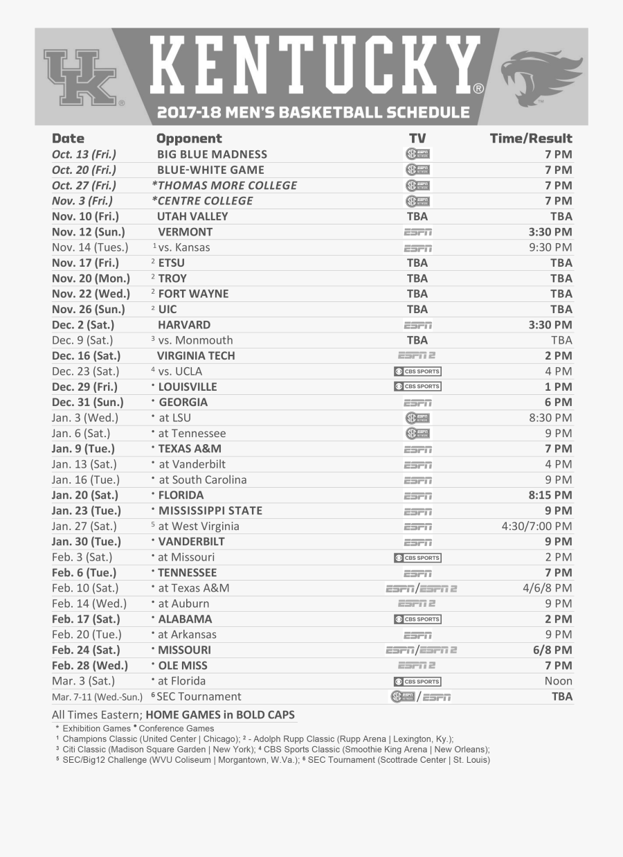 Kentucky Wildcats Mens Basketball Schedule All - 2018 2019 Kentucky Basketball Schedule, Transparent Clipart
