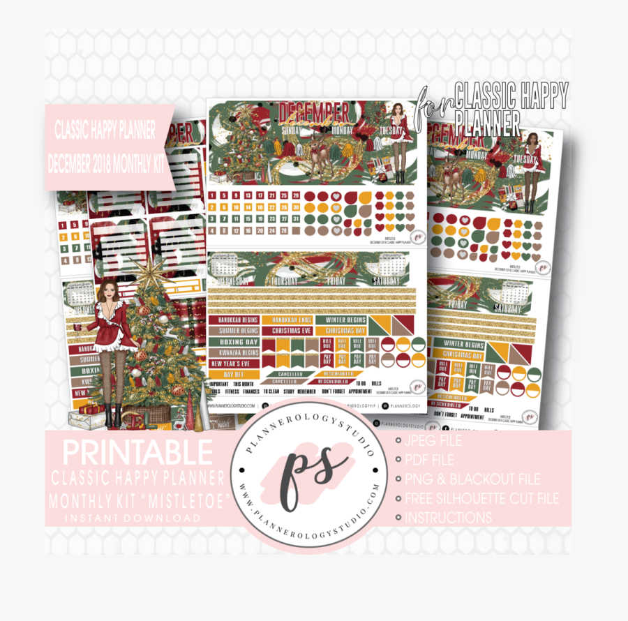 Mistletoe Christmas December 2018 Monthly View Kit - Paper, Transparent Clipart