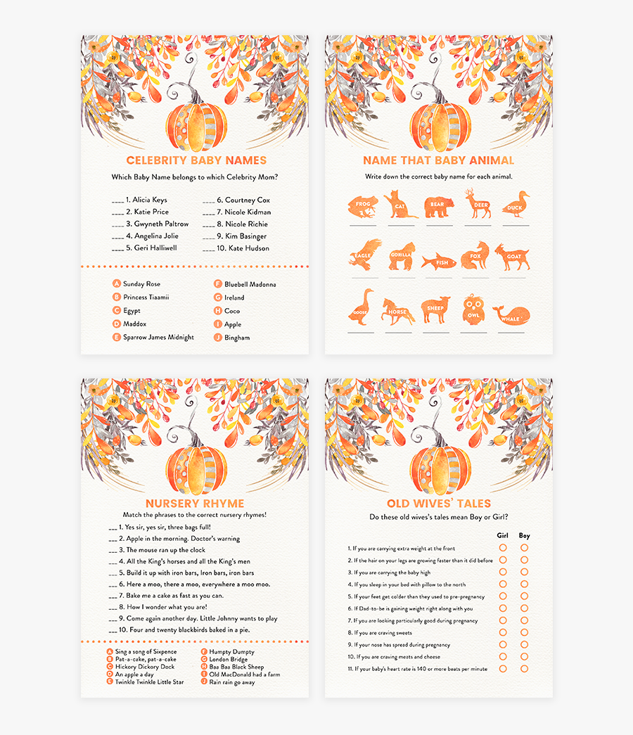 Fall Autumn Orange Pumpkin Baby Shower Game Pack - Baby Shower Pumpkin Games, Transparent Clipart