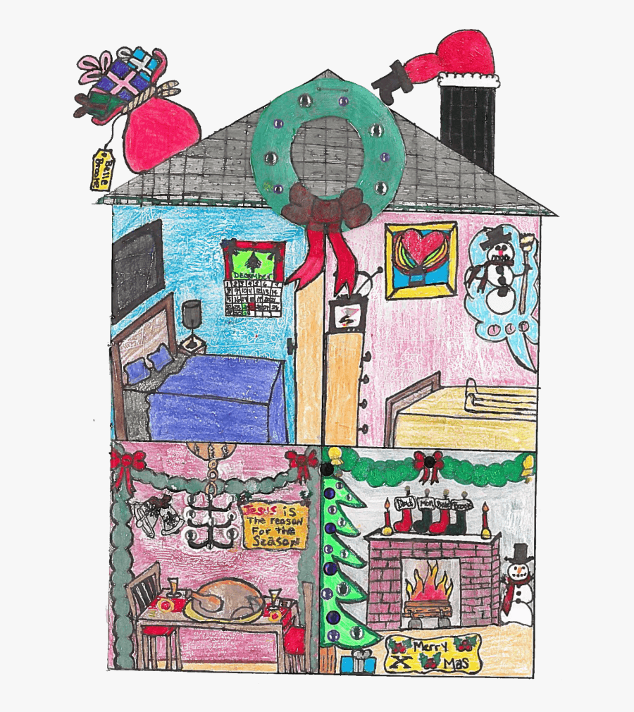 Kid Drawn Christmas House Inside - Illustration, Transparent Clipart
