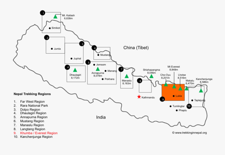 Everest Base Camp Trek Regional Map Image - Everest Base Camp Trek Stops, Transparent Clipart