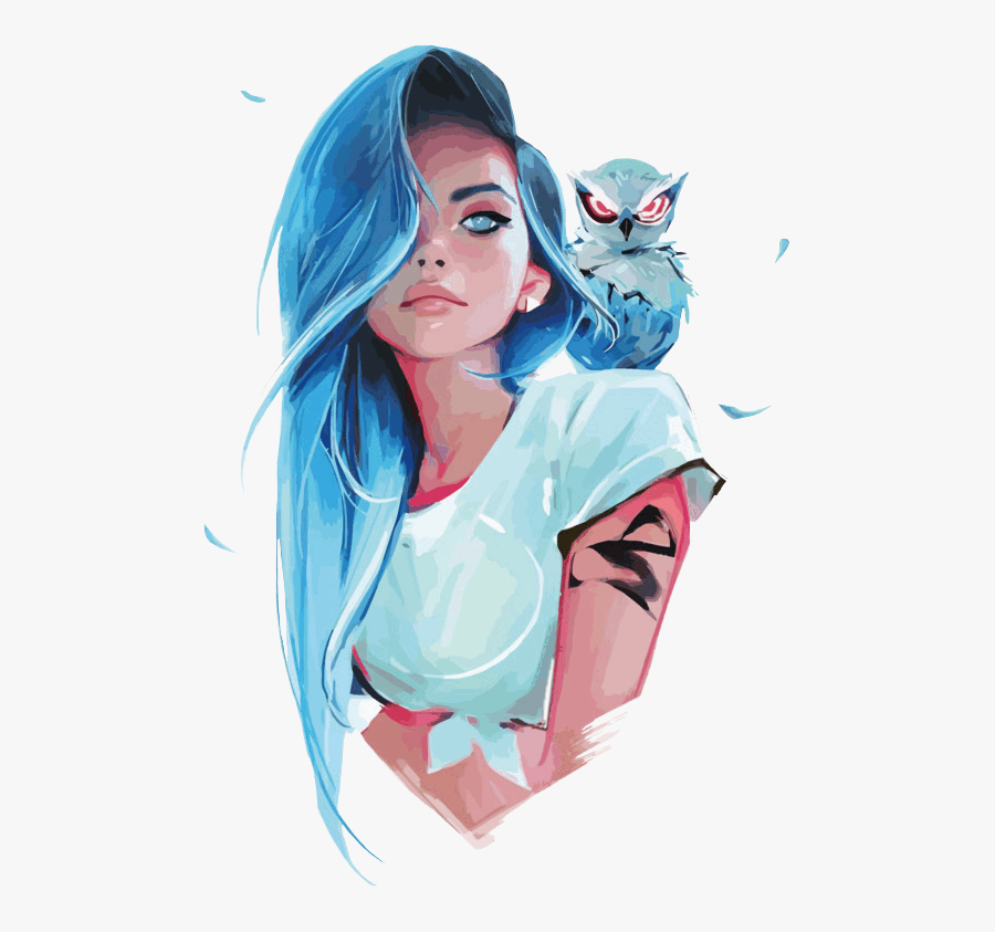 #girl #cartoon #drawing #fantasy #owl #cgi #aesthetic - Blue Hair Girl Drawing, Transparent Clipart