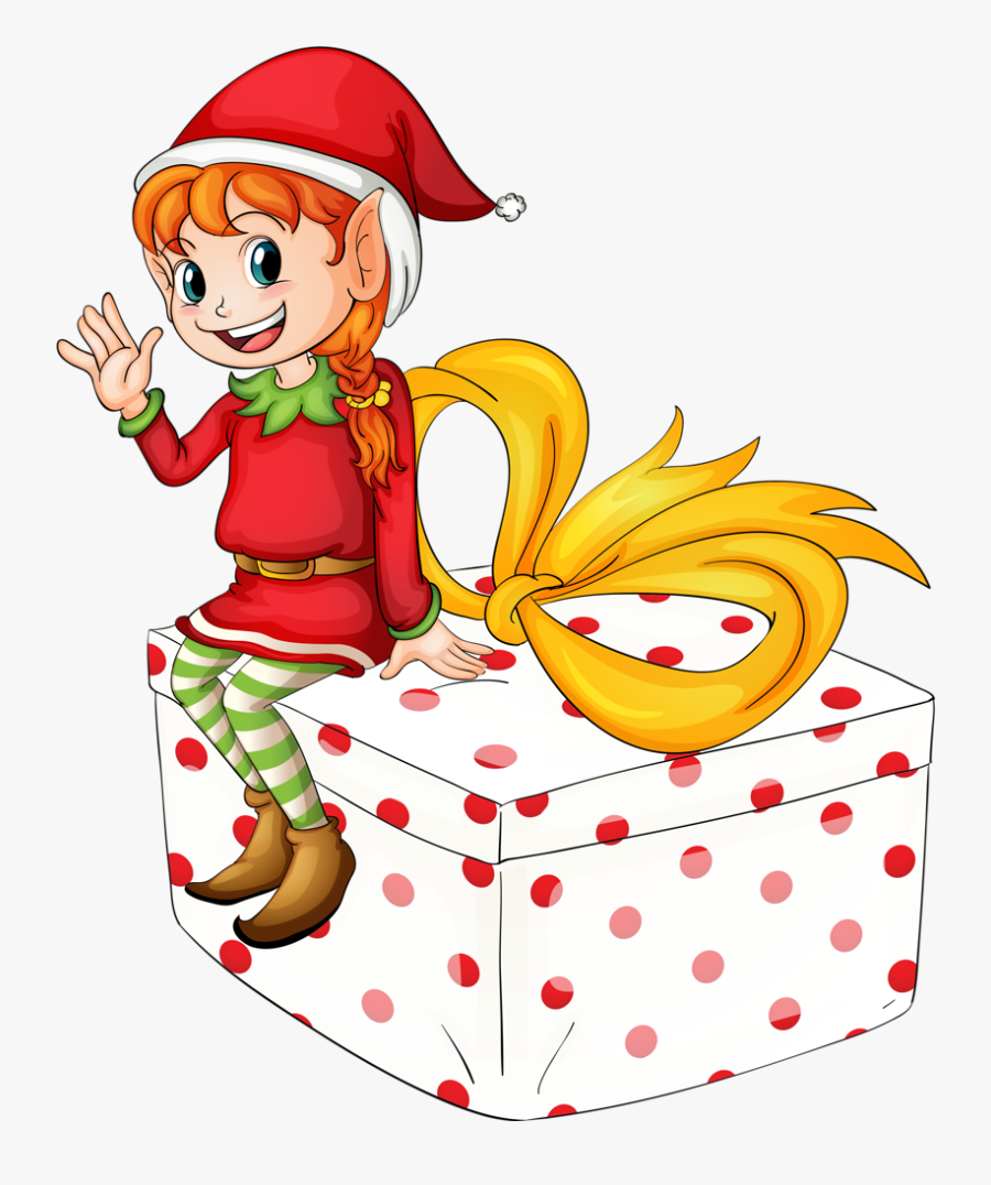 Christmas Girl Elf Clipart - Elf Sitting On Present Clipart, Transparent Clipart