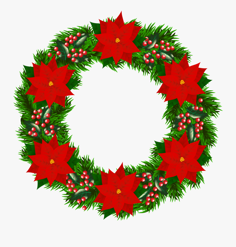 Christmas Wreath With Poinsettia Png Clipart Image - Christmas Poinsettia Wreath Clipart, Transparent Clipart