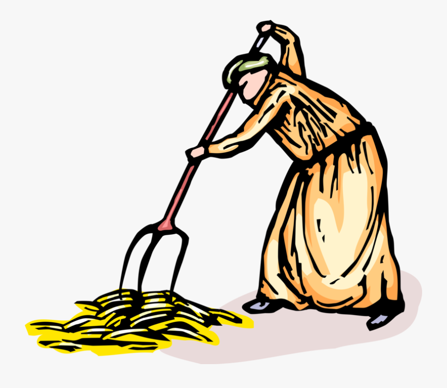 Farmer Gathers Wheat Harvest With Pitchfork - Vector Graphics, Transparent Clipart