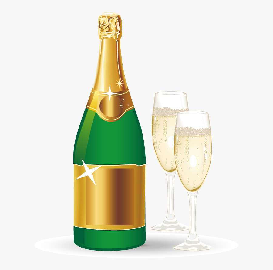 Illustration Painted Yellow Glass - Bottle And Two Glasses Champagne, Transparent Clipart