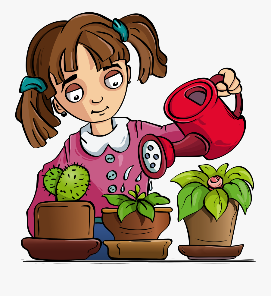 Girl, Flowers, Water, Plants - Cartoon, Transparent Clipart