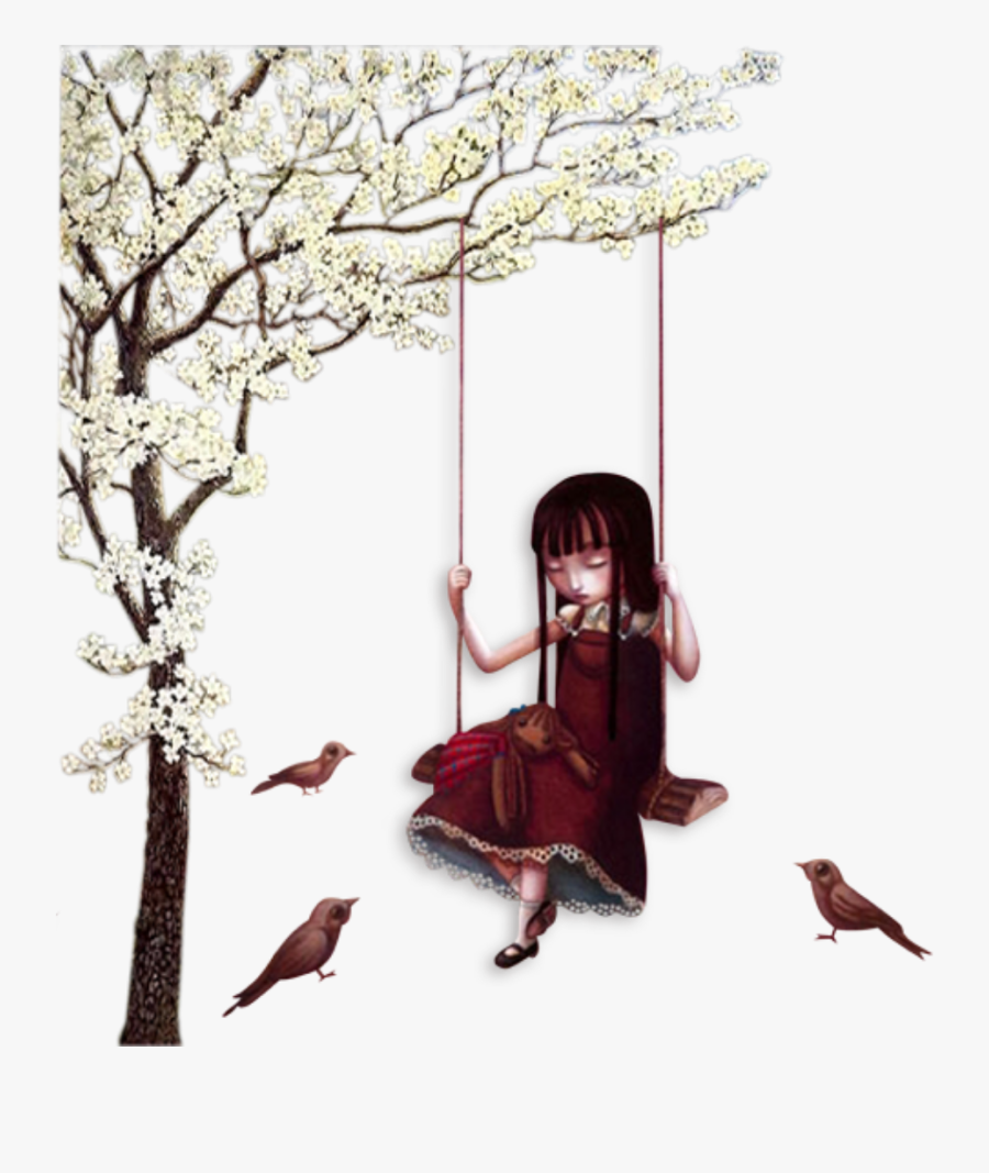 #littlegirl #swing #birds #sad #tree #flowers #spring - Silence Girl, Transparent Clipart