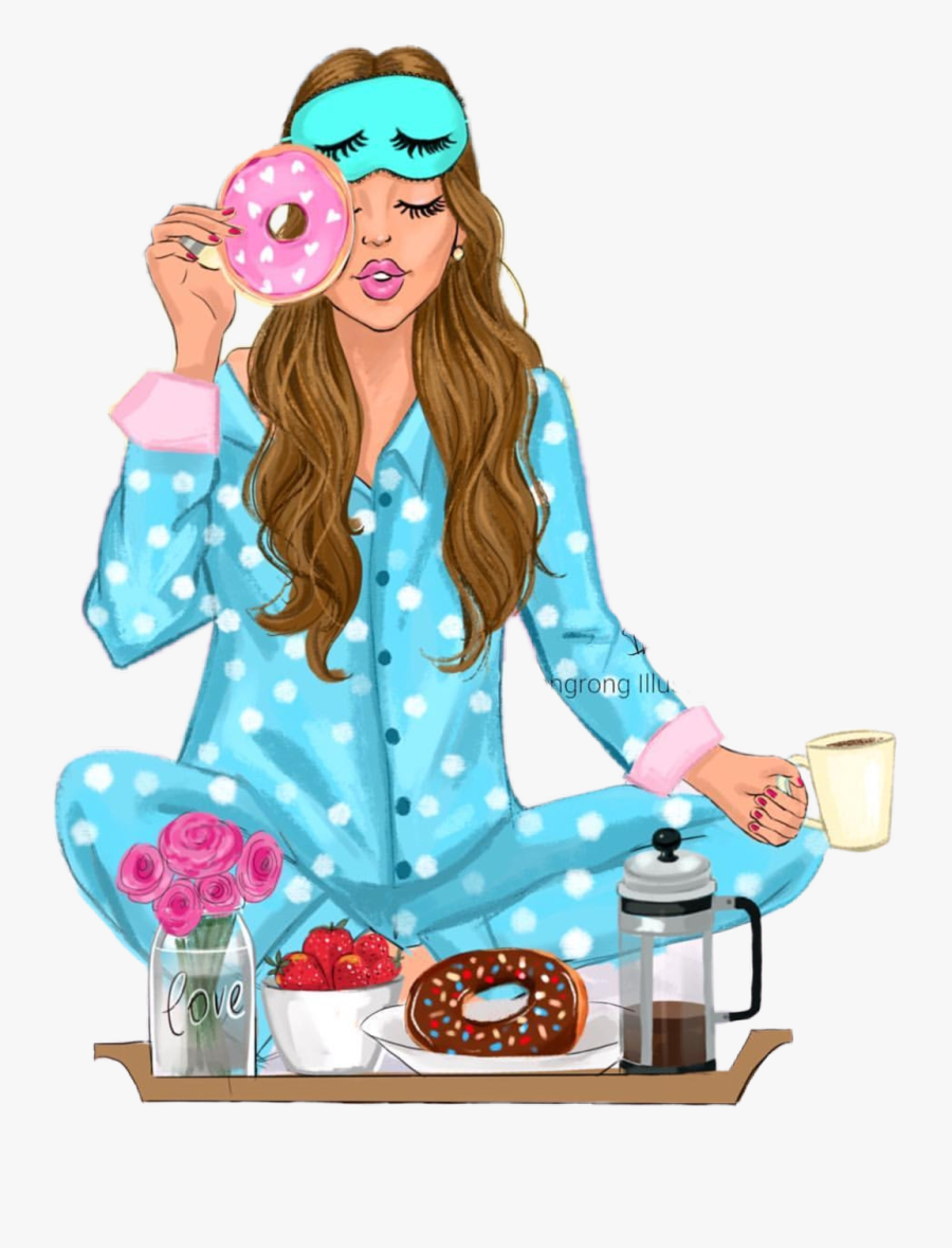 #cozy #woman #bed #breakfast #donut #scsleepingmask - Good Morning Sunday Illustrations, Transparent Clipart