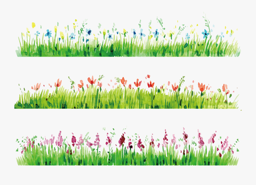 Transparent Grass Border Clipart - Watercolor Flowers With Grass, Transparent Clipart