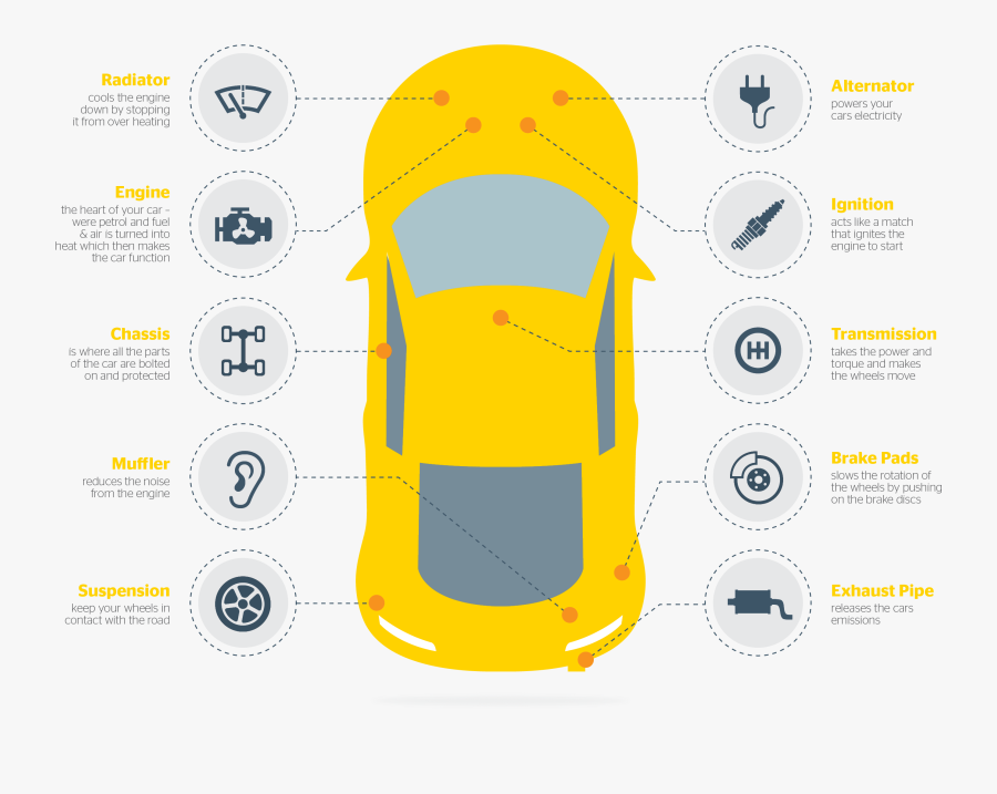 Top Common Parts And - Parts Of A Car Infographic, Transparent Clipart