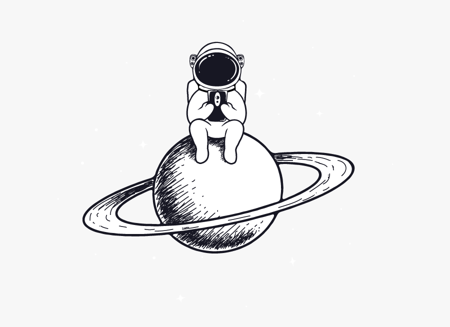 Astronaut Looking At Phone While Sitting On A Ringed - Astronaut Planet