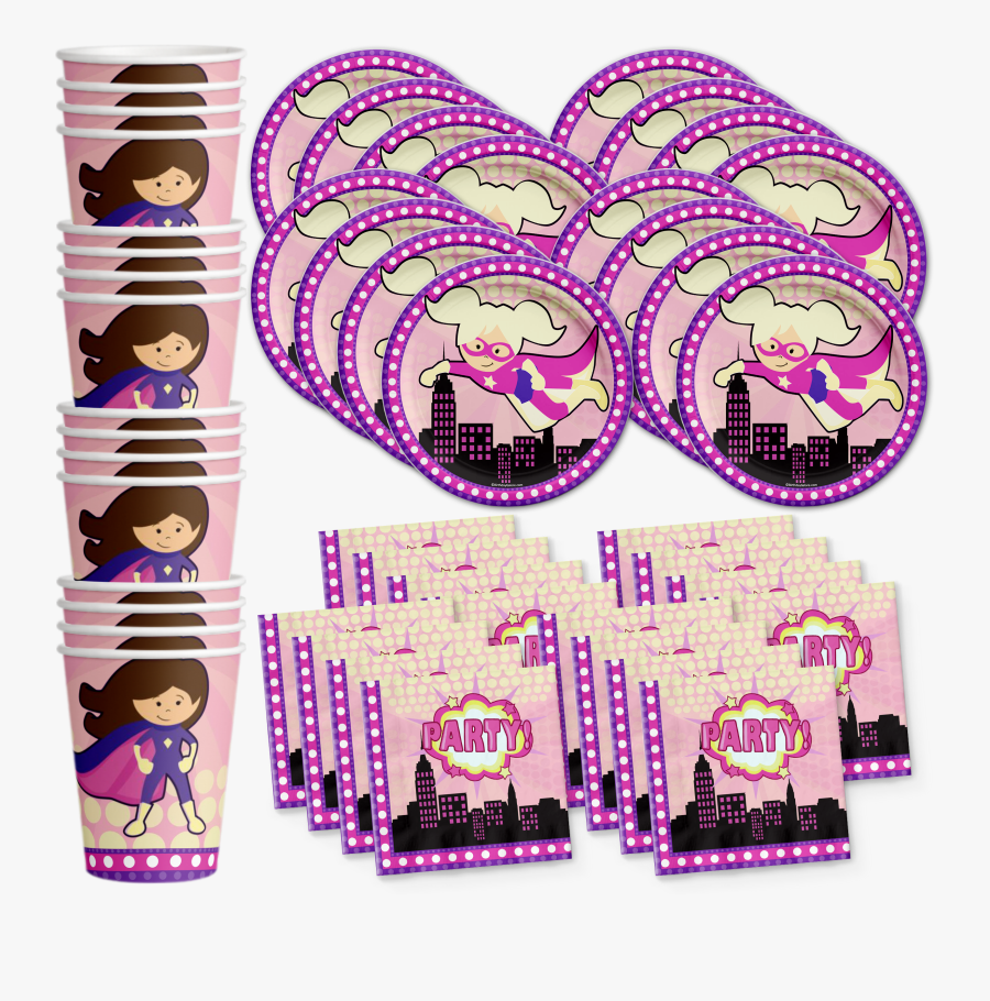 Superhero Girl Birthday Party Tableware Kit For 16, Transparent Clipart