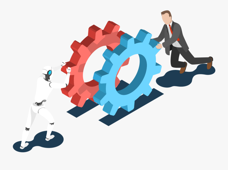 Man And Robot Pushing Gears Together - Roadmap Transformation, Transparent Clipart