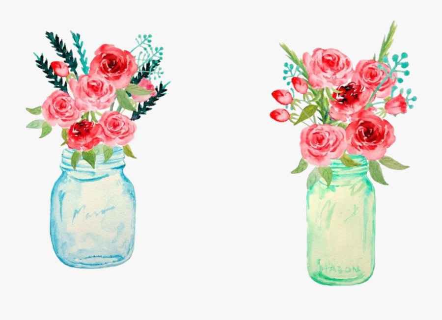 #watercolor #masonjar #flowers #flowervase #teal #blue - Watercolor Flowers In Mason Jar, Transparent Clipart