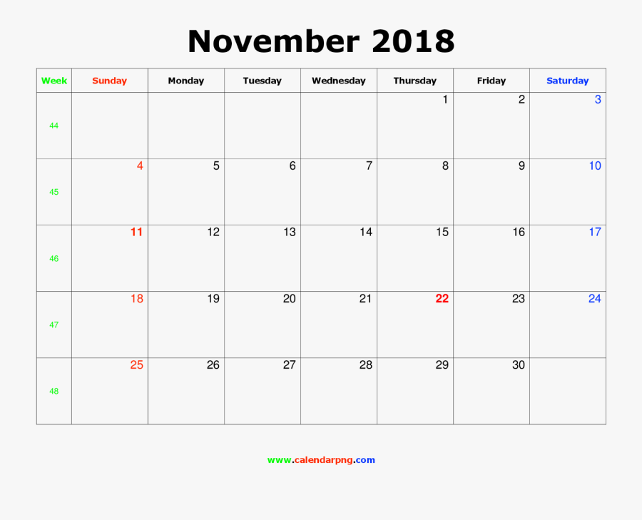 November 2018 Calendar Png Huy Tran Medium - December 2018 Calendar Png, Transparent Clipart