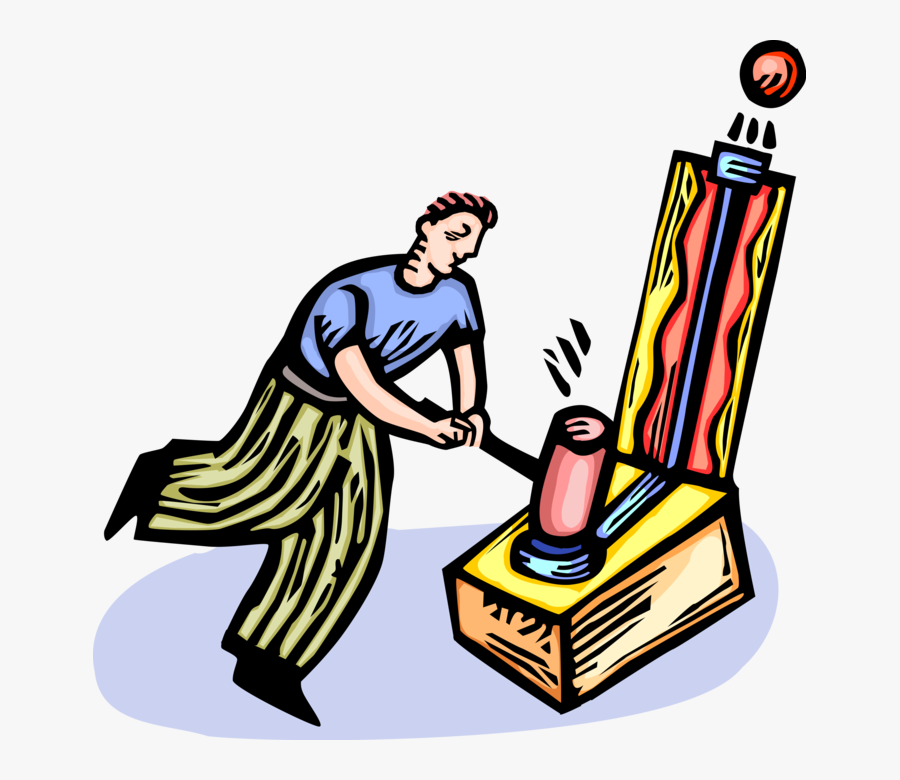 Vector Illustration Of Strongman Plays Strength Tester - Carnival Games Vector, Transparent Clipart