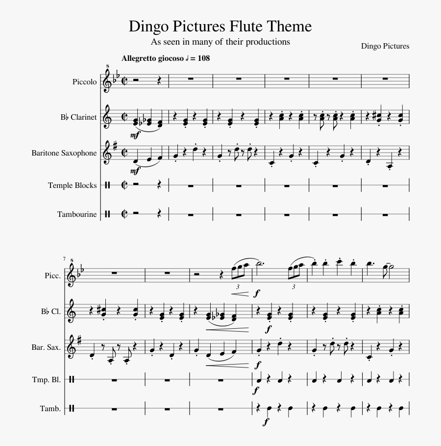 Dingo Pictures Flute Theme Sheet Music Composed By - Kristy Krab Saxophone Sheet Music, Transparent Clipart