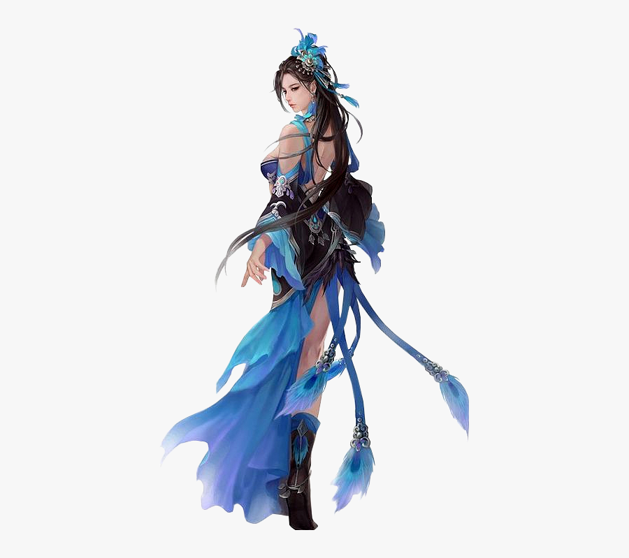 #woman #girl #female #anime #warrior #blue #japanese - Game Character Has Blue Hair And Feathers, Transparent Clipart