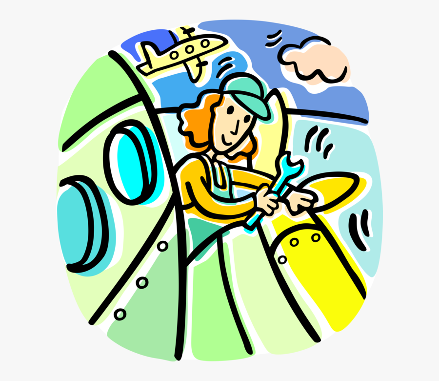 Vector Illustration Of Airline Mechanic Works On Commercial - Clipart Aircraft Mechanic, Transparent Clipart