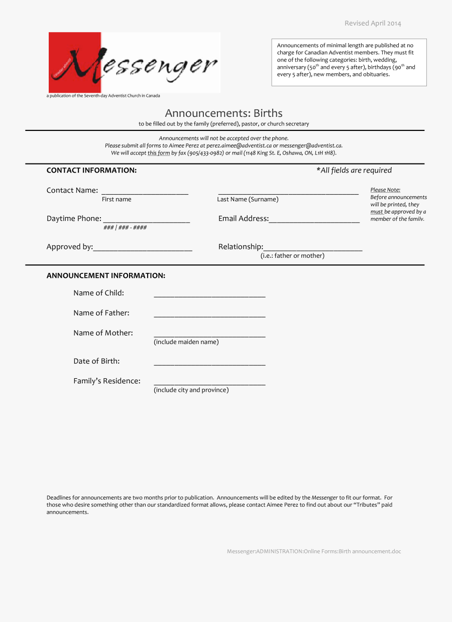 Clip Art Free Blank Announcement At - Church Forms For Annocements, Transparent Clipart