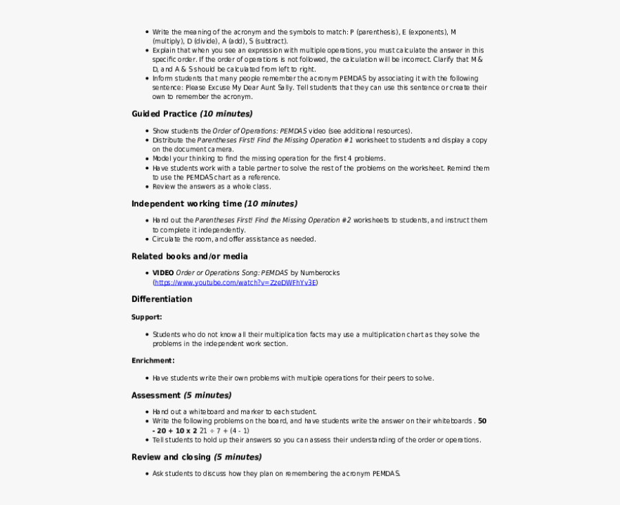 Introducing Order Of Operations - Order Of Operation Lesson Plan, Transparent Clipart