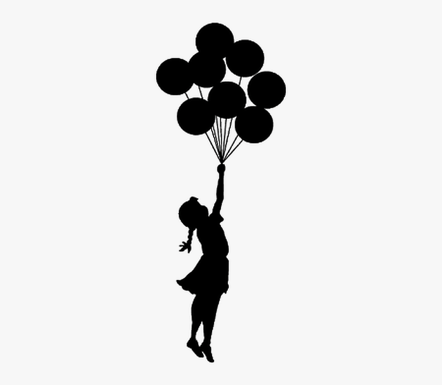 #banksy #silhouette #children #ballons #floating #black - Girl With Balloons Drawing, Transparent Clipart