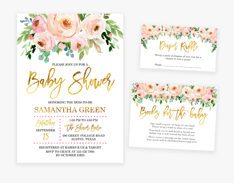 Pink And Gold Floral Baby Shower Invitation Pack - Floral Baby Shower Invite, Transparent Clipart