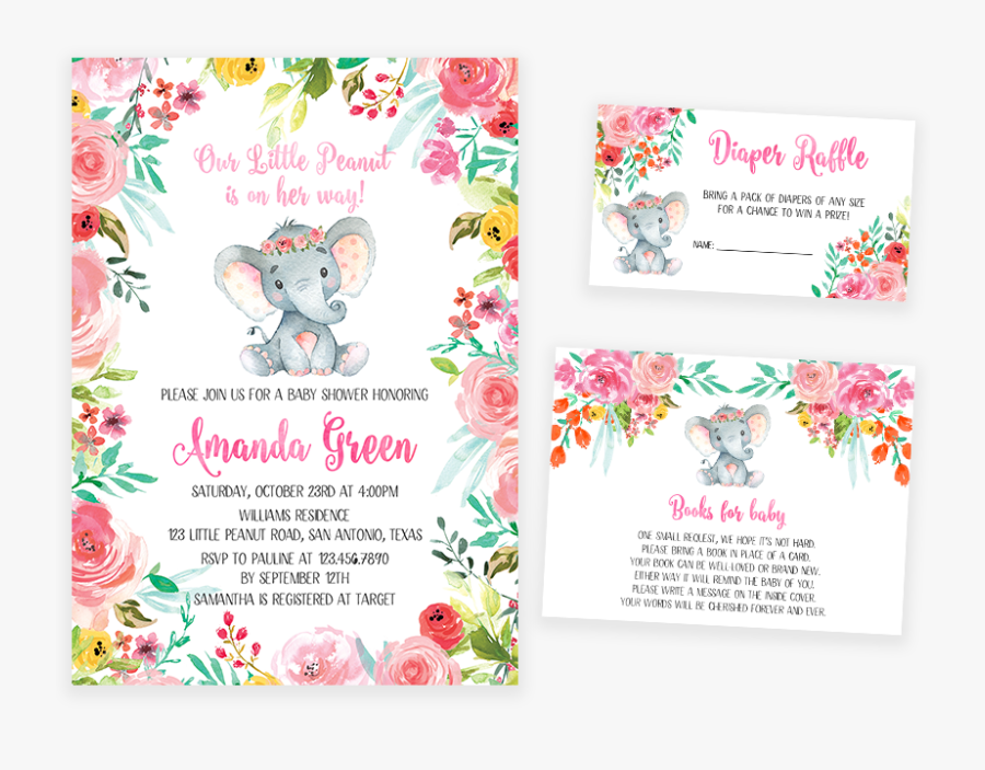 Colorful Floral Elephant Baby Shower Invitation Pack - Dinosaur Baby Shower Invitations For A Girl, Transparent Clipart