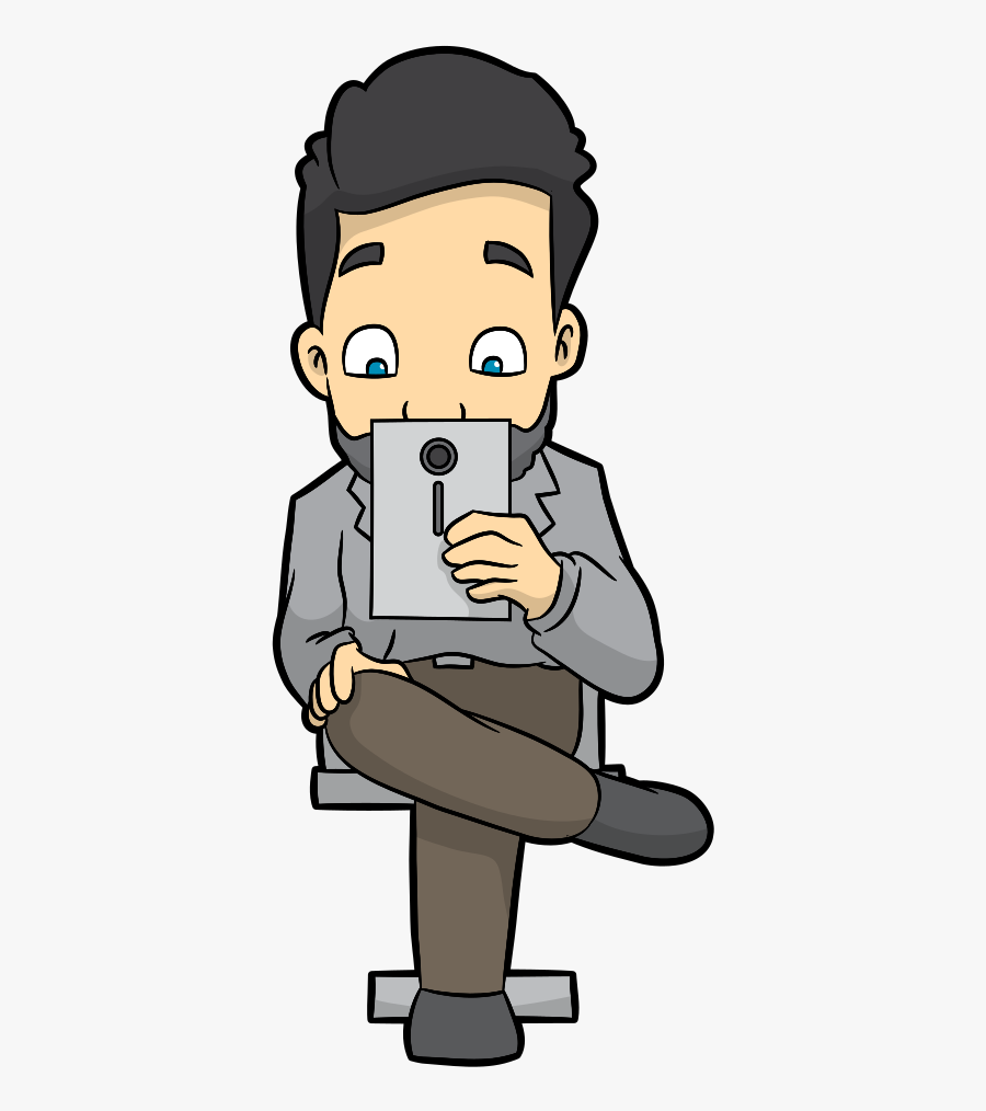 Cartoon Man Reading An Ebook On His Mobile Tablet Clipart - Man With Mobile Cartoon, Transparent Clipart