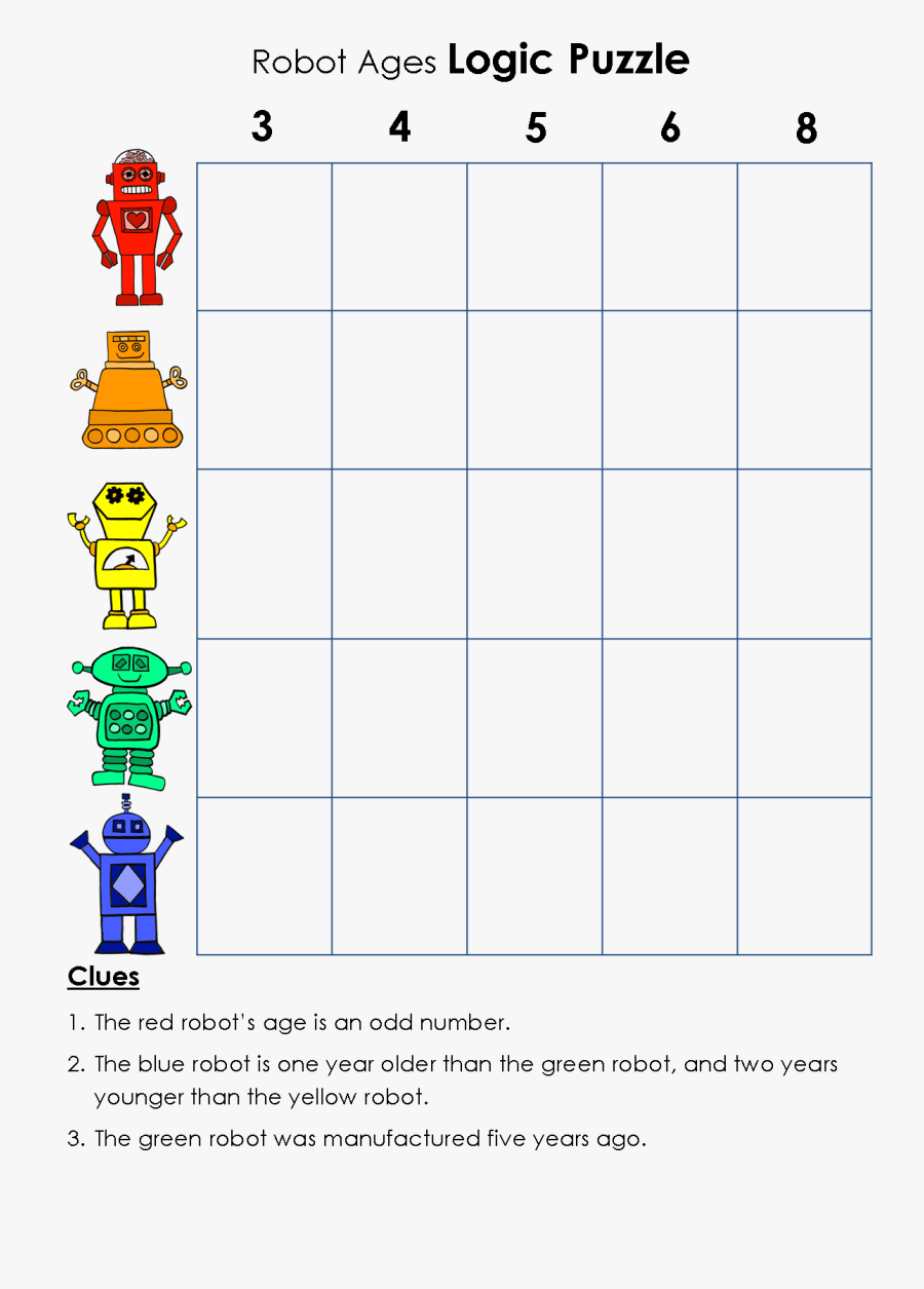 Beyond Gold Stars Robot Logic Puzzle Ages And Number - Printable Logical Reasoning Worksheets For Grade 1, Transparent Clipart