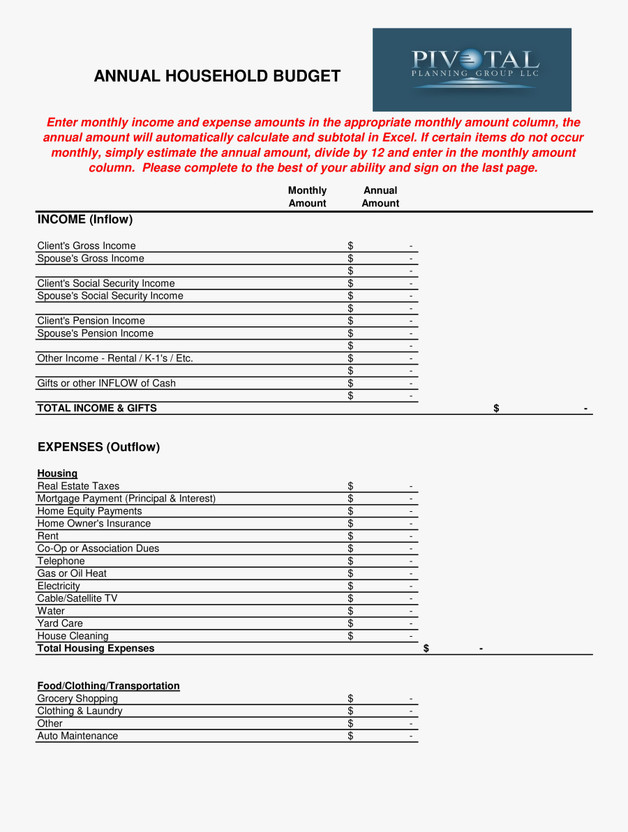 Clip Art Free Household Annual Budget - Budgeting Form Template Co Op, Transparent Clipart