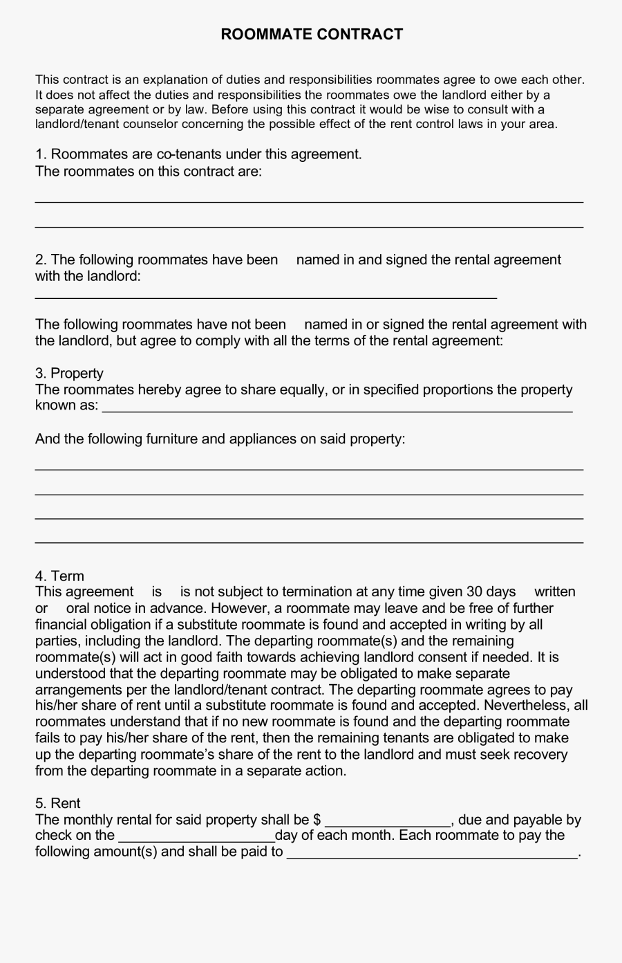 Clip Art Roommate Agreement Template - Roommate Contract, Transparent Clipart