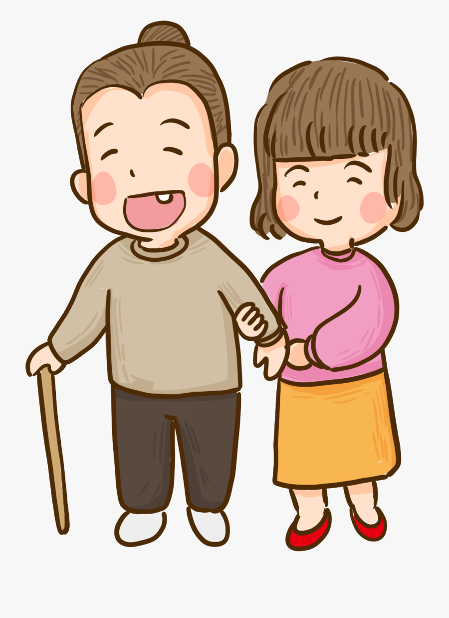 Transparent Grandmother And Granddaughter Clipart - 老 幼 卡通, Transparent Clipart