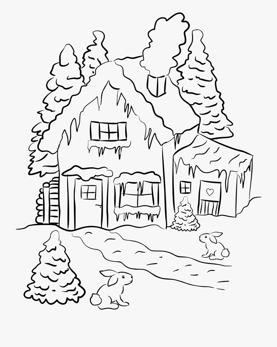 House Scene Line Art - Winter House Clipart Black And White, Transparent Clipart