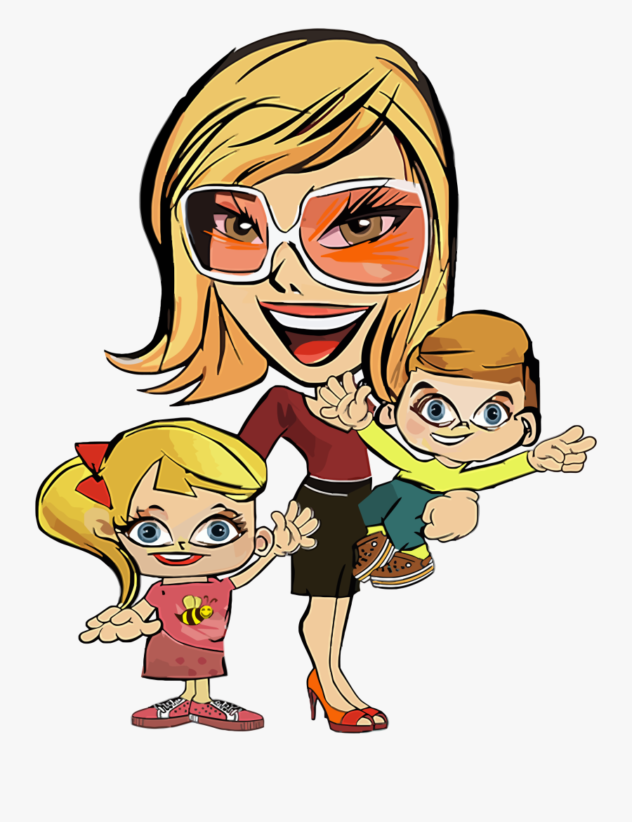 Mom And Two Kids Caricature Clip Arts - Mom With Kids Caricature, Transparent Clipart