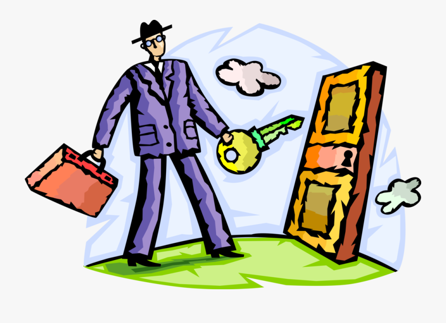 Vector Illustration Of Businessman With Key Opens Locked, Transparent Clipart