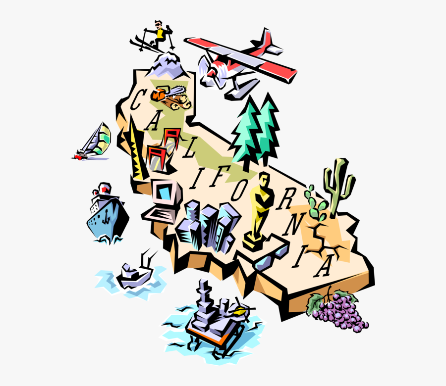 Vector Illustration Of California Map - Cartoon California Map Art, Transparent Clipart