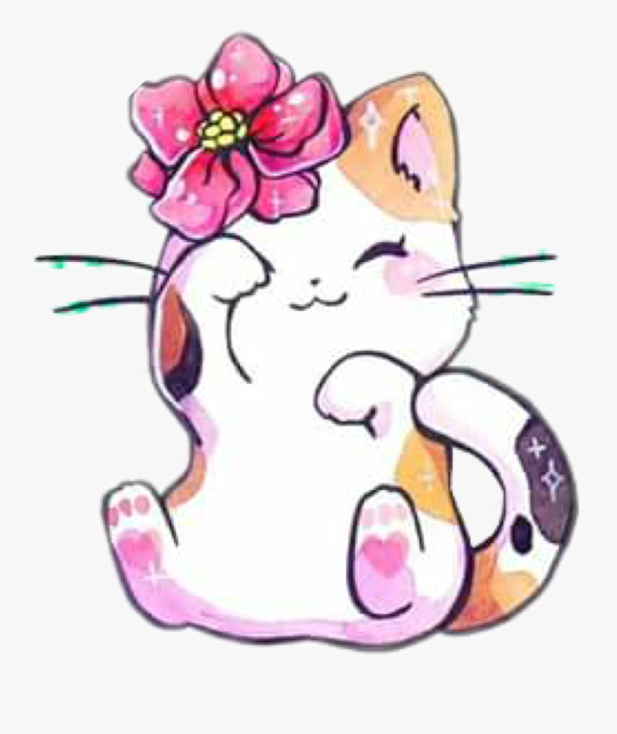 #cat Kitten #calico #flower #chibi#freetoedit - Gato Kawaii Acuarela, Transparent Clipart