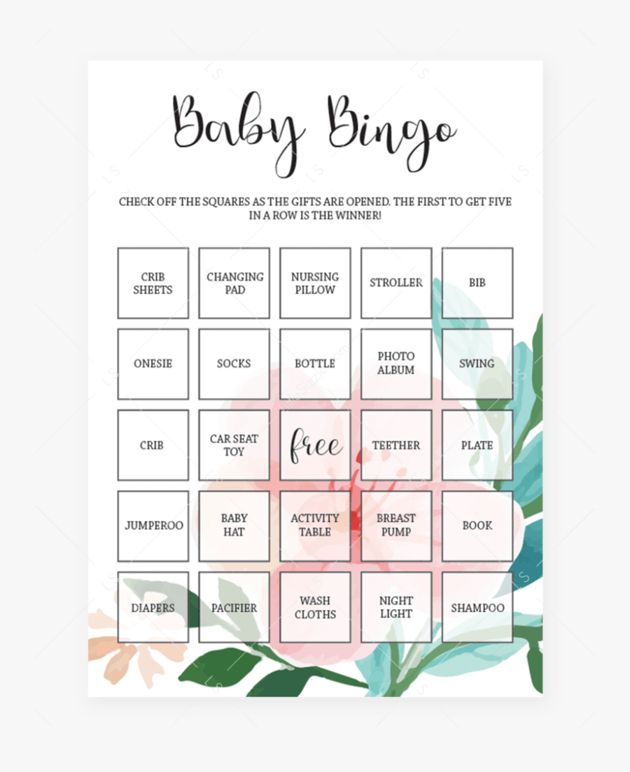 Baby Shower Bingo Printable For Floral Themed Baby, Transparent Clipart