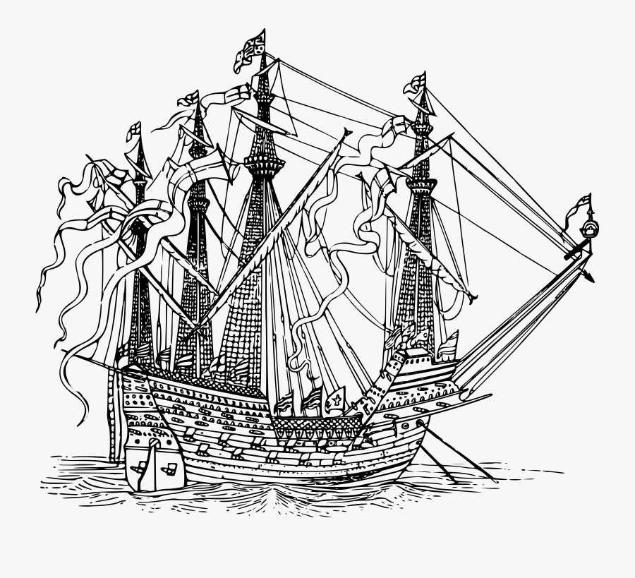 Caravel Drawing Sailing Ship - Huge Ship Line Art, Transparent Clipart