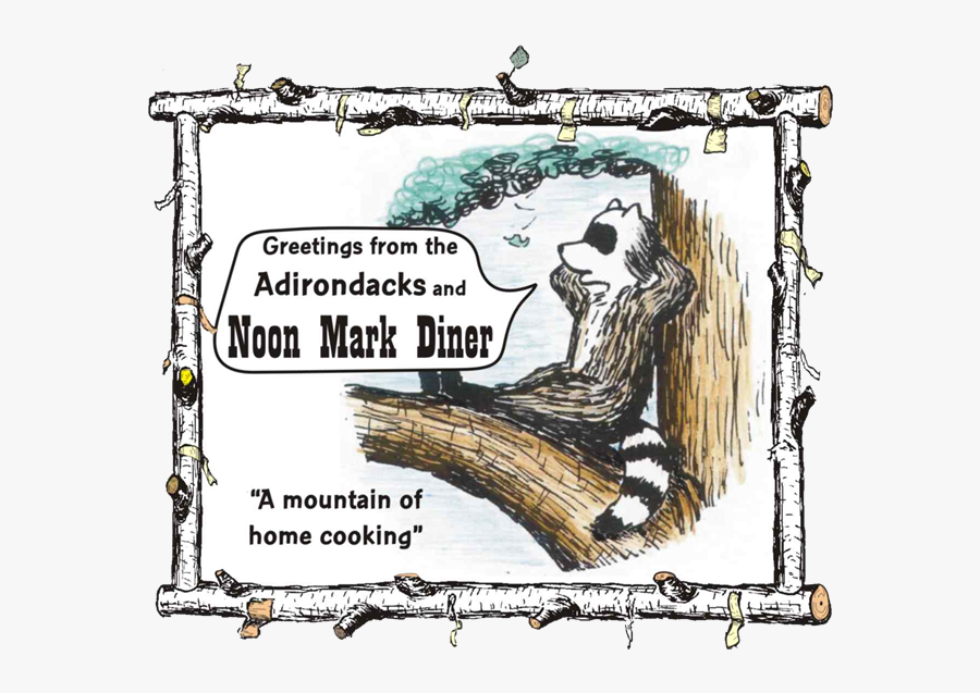 Cartoon Of Raccoon Lounging In Crook Of Tree With Caption - Noonmark Diner, Transparent Clipart