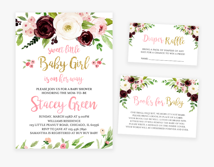 Marsala And Blush Pink Floral Baby Shower Invitation - Baby Shower, Transparent Clipart