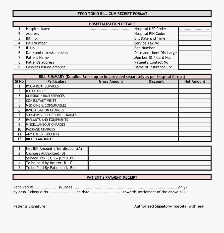 Clip Art Service Receipt Template - Hospital Bill Summary Format, Transparent Clipart