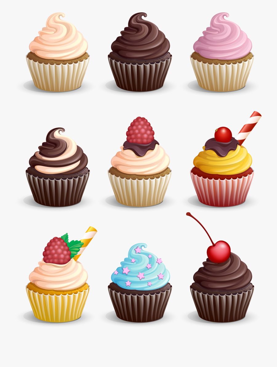 Muffin Chocolate Nine Cupcakes Cupcake Free Download - Cartoon Cupcakes Different Colours, Transparent Clipart
