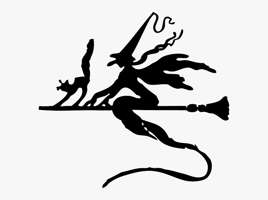 Silhouette Broom, Witch, Flying, Cat, Halloween, Silhouette - Witch On Broom Stick Moving, Transparent Clipart